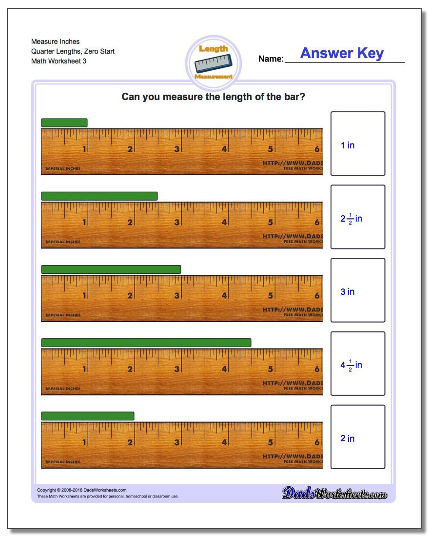 Measure Inches Quarter Lengths, Zero Start Worksheet