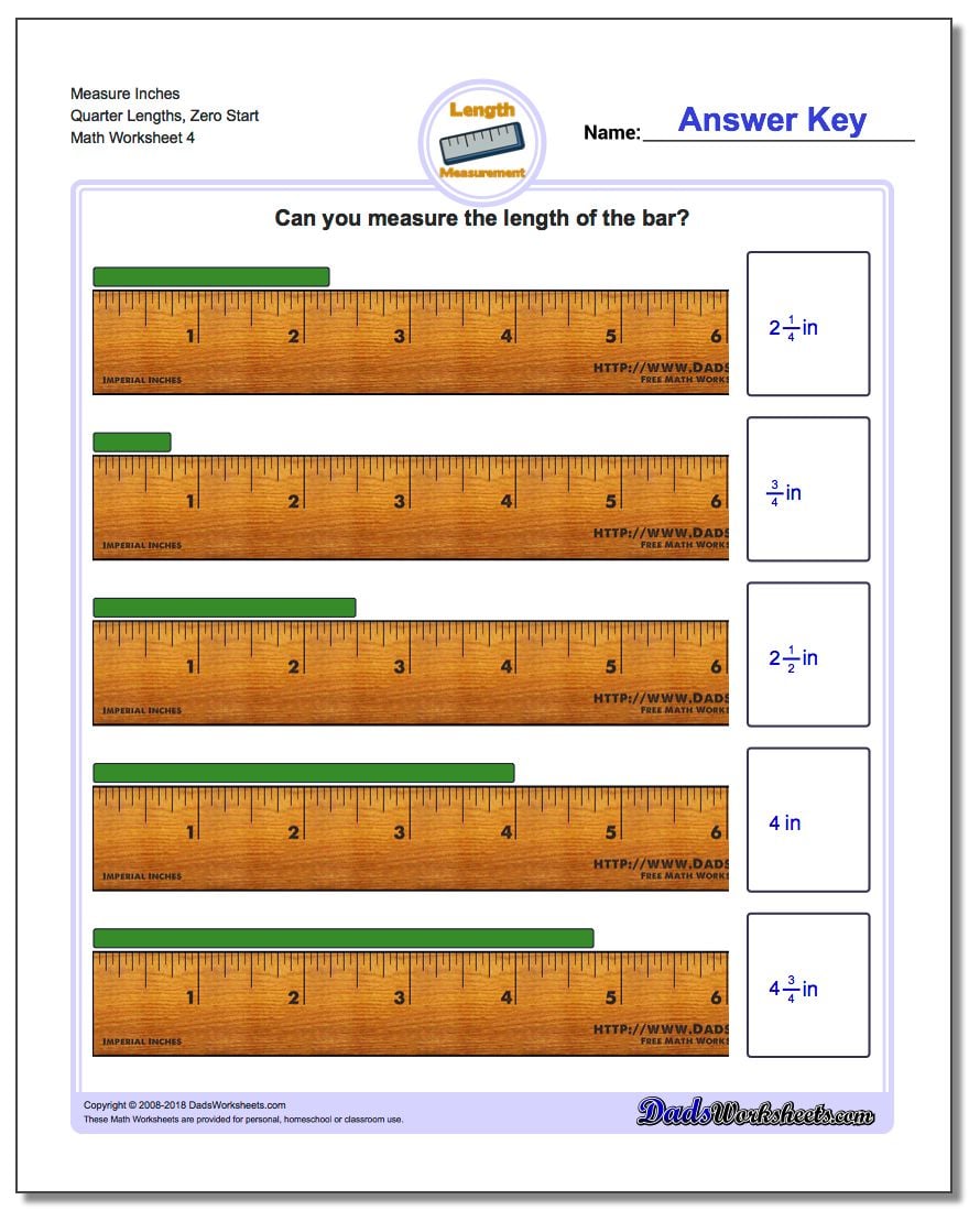 Measure Inches Quarter Lengths, Zero Start Worksheet