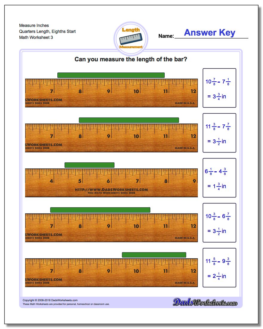 Measure Inches Quarters Length, Eighths Start Worksheet