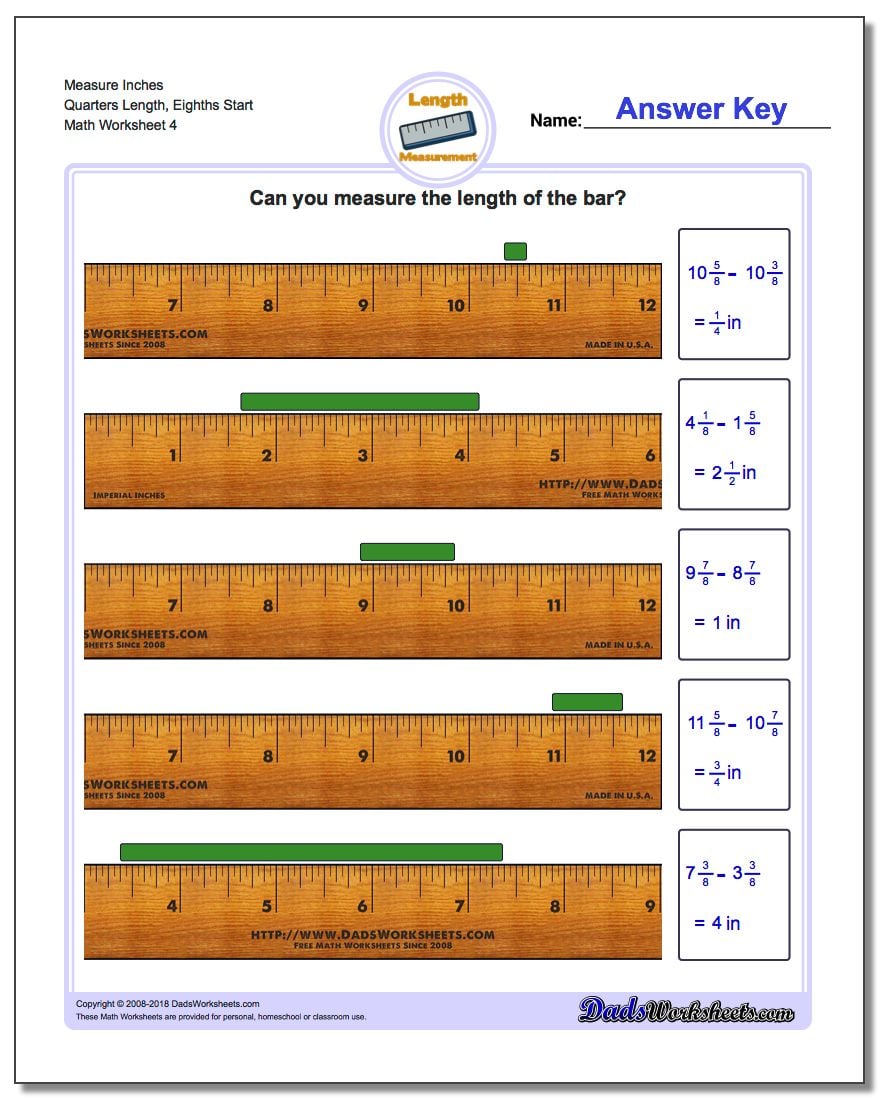 Measure Inches Quarters Length, Eighths Start Worksheet