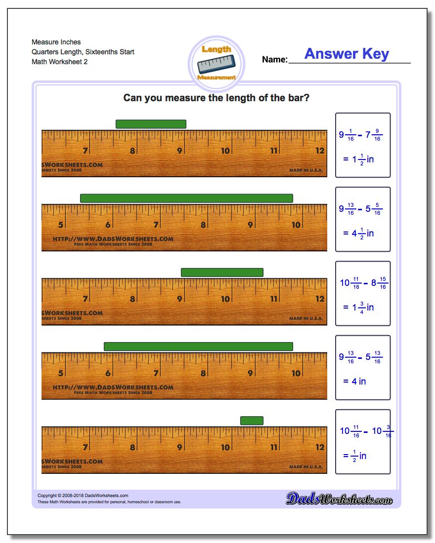 Measure Inches Quarters Length, Sixteenths Start www.dadsworksheets.com/worksheets/inches-measurement.html Worksheet