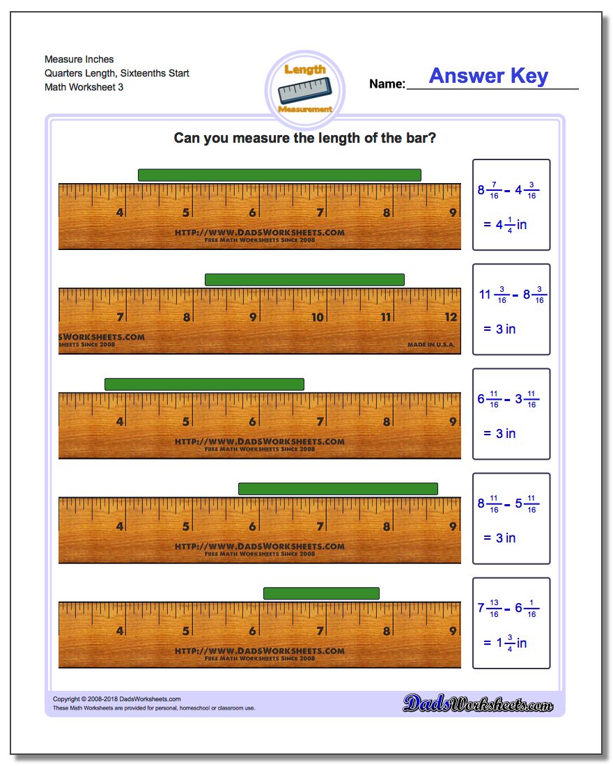 Measure Inches Quarters Length, Sixteenths Start Worksheet