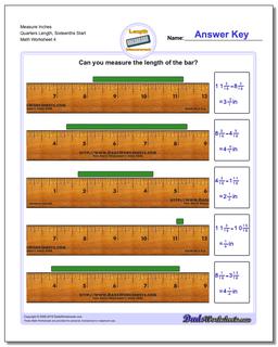 Measure Inches Quarters Length, Sixteenths Start Worksheet