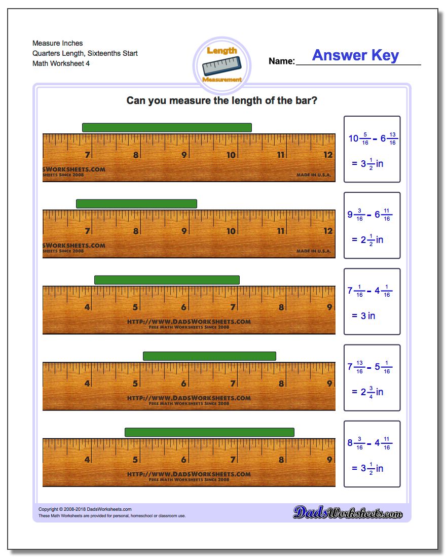 Measure Inches Quarters Length, Sixteenths Start Worksheet