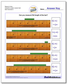 Measure Inches Sixteenths Lengths, Quarter Start Worksheet