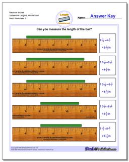 Measure Inches Sixteenths Lengths, Whole Start Worksheet