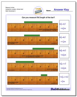 Measure Inches Sixteenths Lengths, Whole Start Worksheet