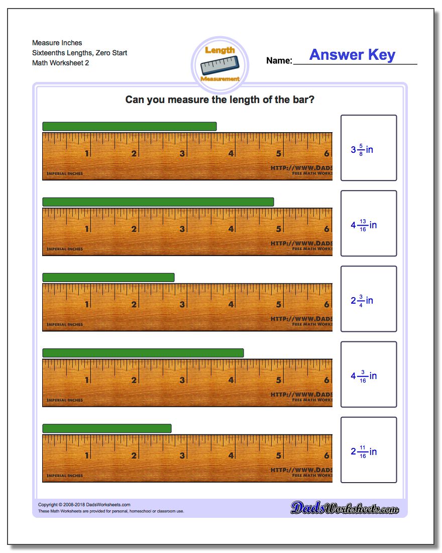 Measure Inches Sixteenths Lengths, Zero Start www.dadsworksheets.com/worksheets/inches-measurement.html Worksheet