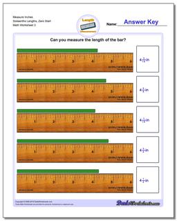 Measure Inches Sixteenths Lengths, Zero Start Worksheet