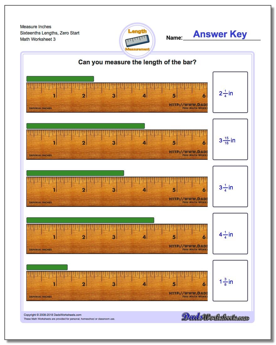 Measure Inches Sixteenths Lengths, Zero Start Worksheet
