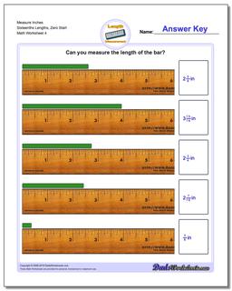 Measure Inches Sixteenths Lengths, Zero Start Worksheet