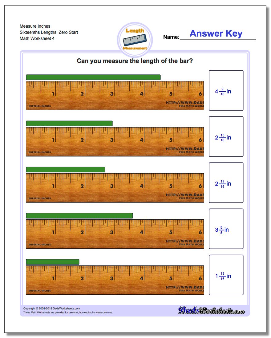 Measure Inches Sixteenths Lengths, Zero Start Worksheet