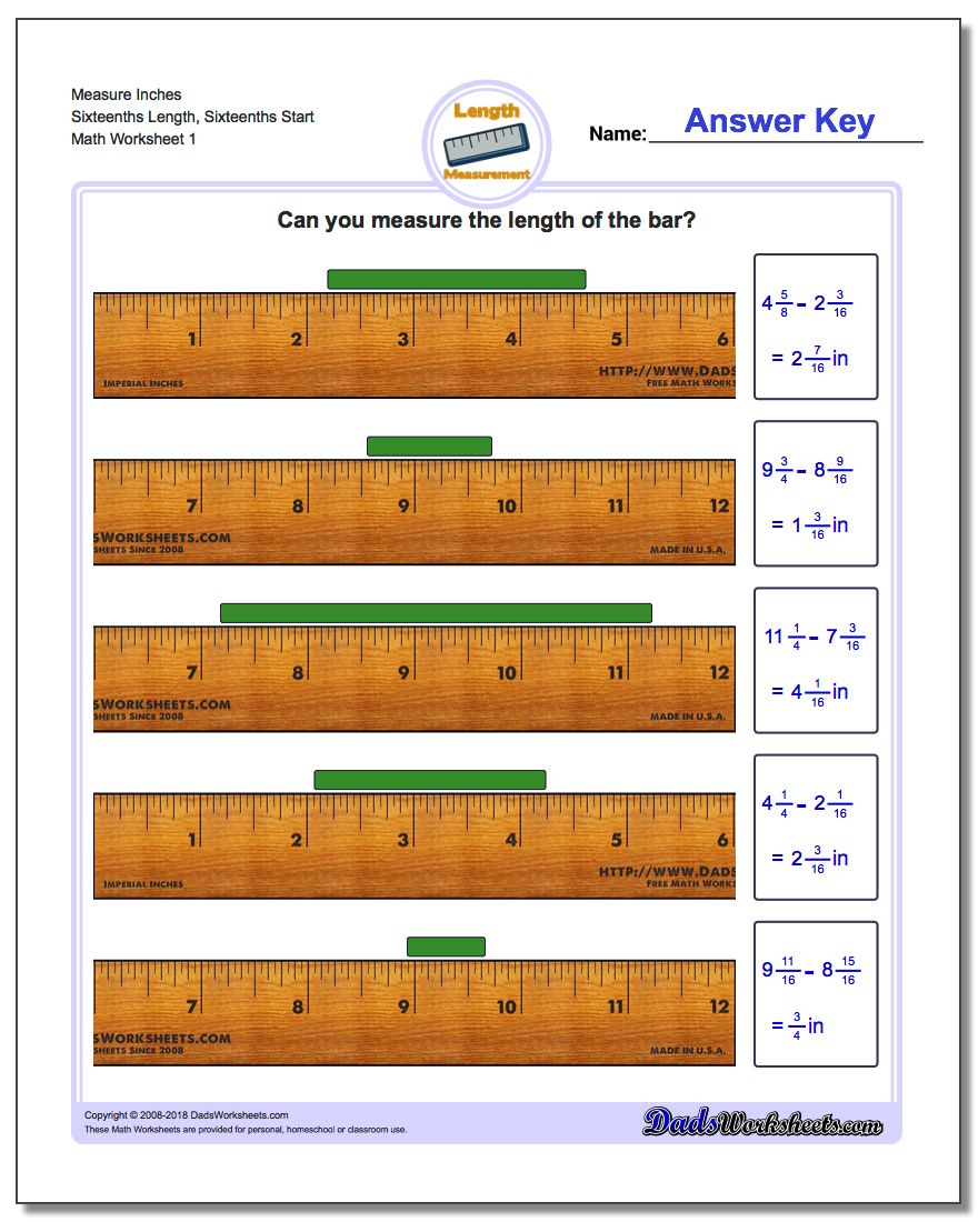Inches Measurement Worksheet Measure Sixteenths Length, Sixteenths Start