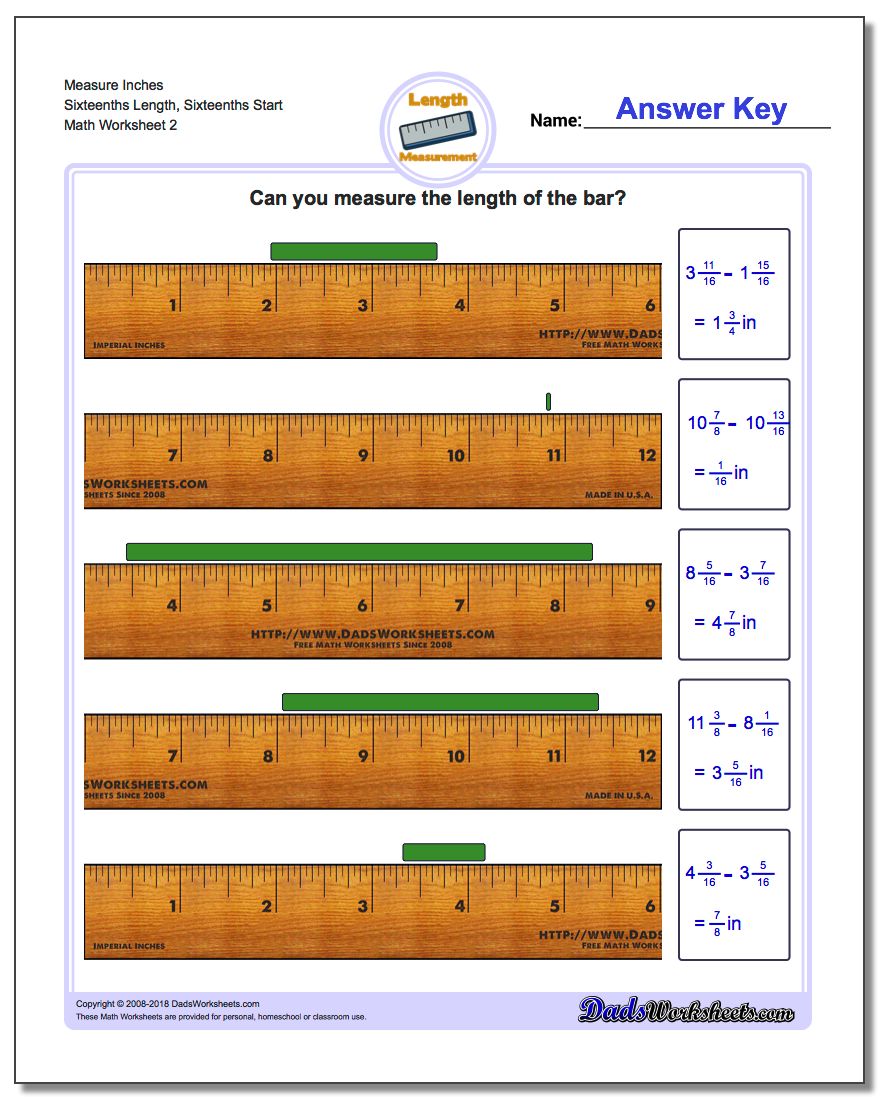 Measure Inches Sixteenths Length, Sixteenths Start www.dadsworksheets.com/worksheets/inches-measurement.html Worksheet