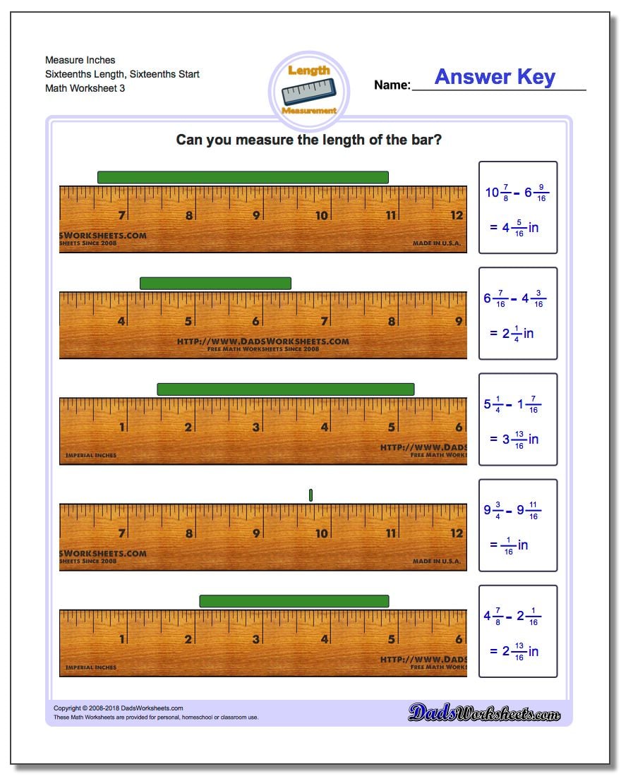 Measure Inches Sixteenths Length, Sixteenths Start Worksheet