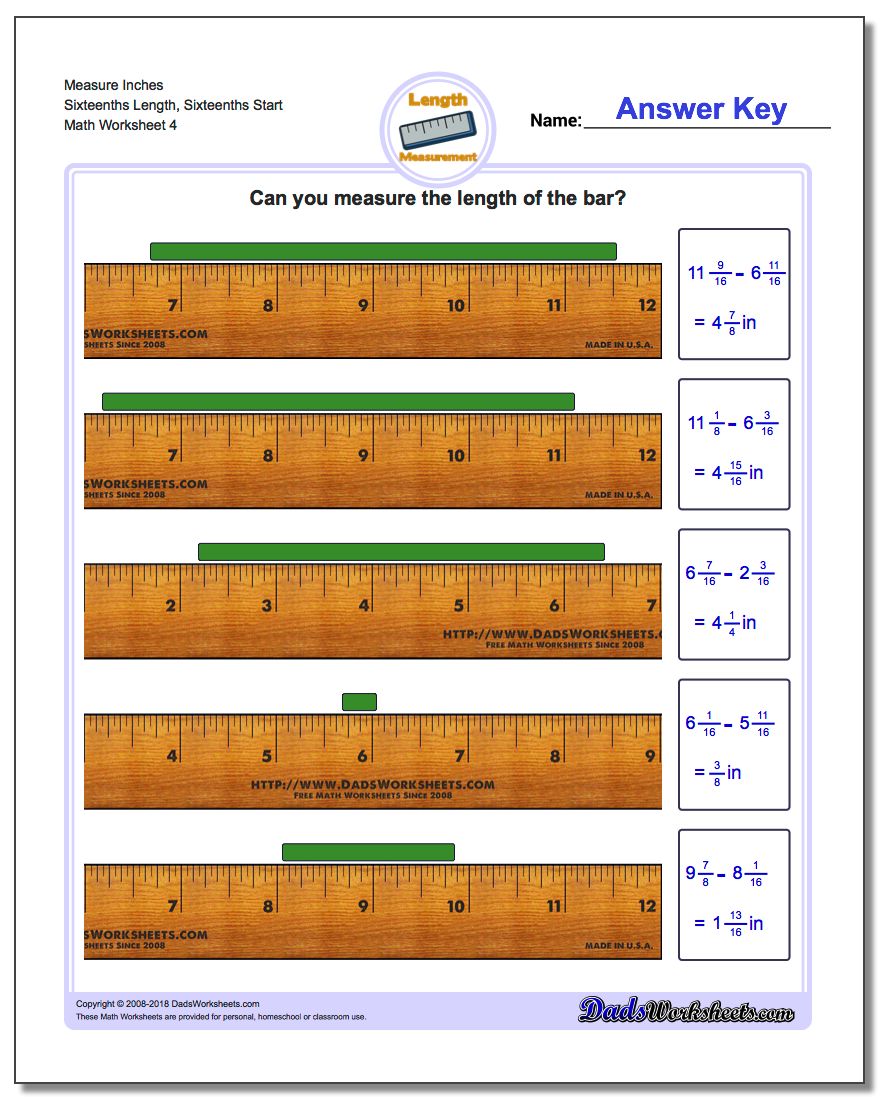Measure Inches Sixteenths Length, Sixteenths Start Worksheet