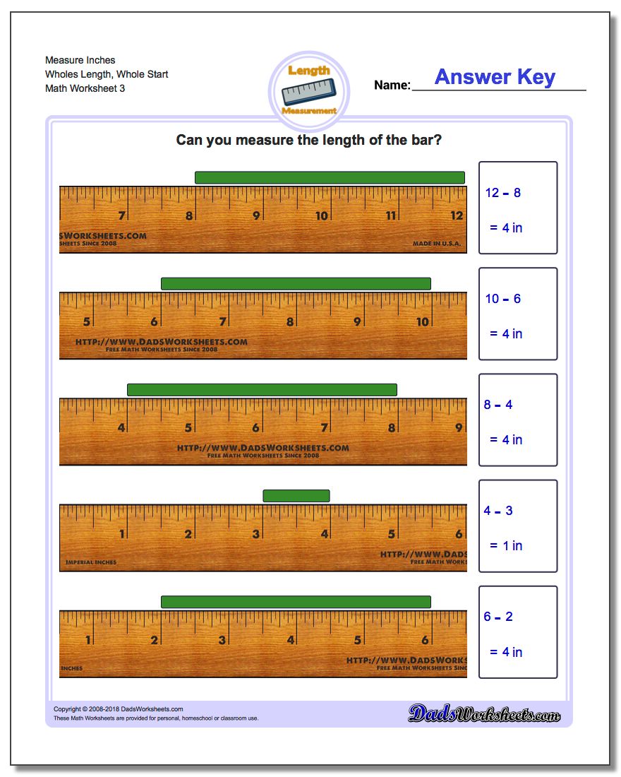Measure Inches Wholes Length, Whole Start Worksheet