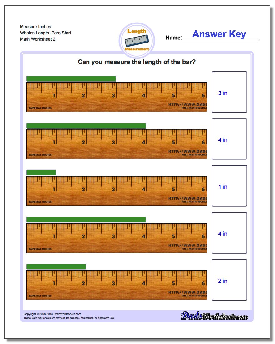 Measure Inches Wholes Length, Zero Start www.dadsworksheets.com/worksheets/inches-measurement.html Worksheet