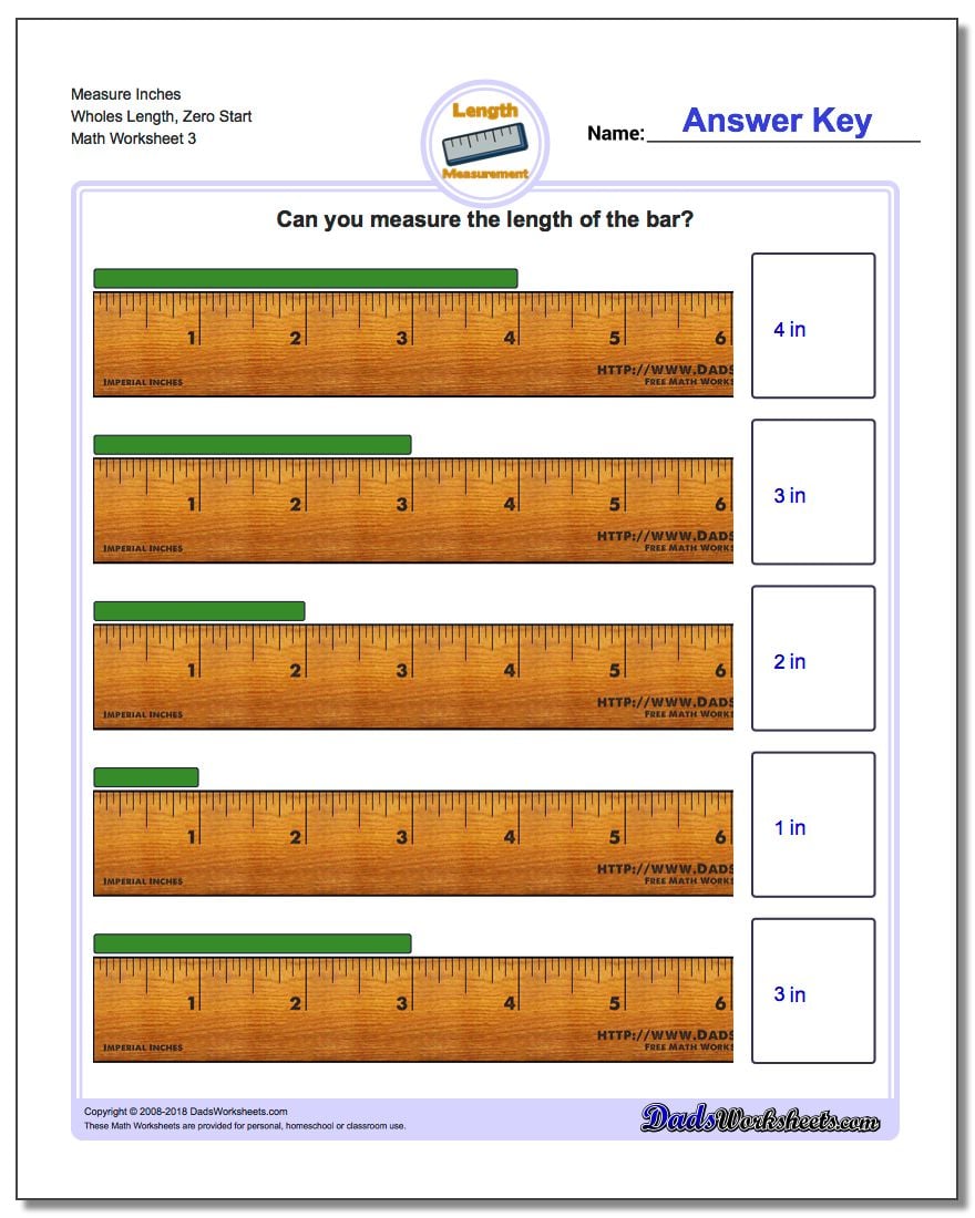 Measure Inches Wholes Length, Zero Start Worksheet