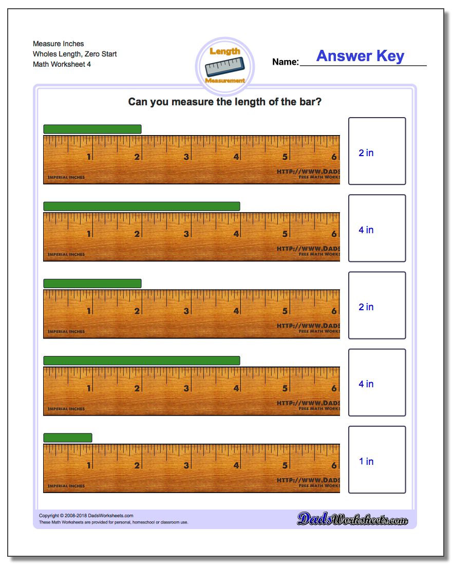 Measure Inches Wholes Length, Zero Start Worksheet