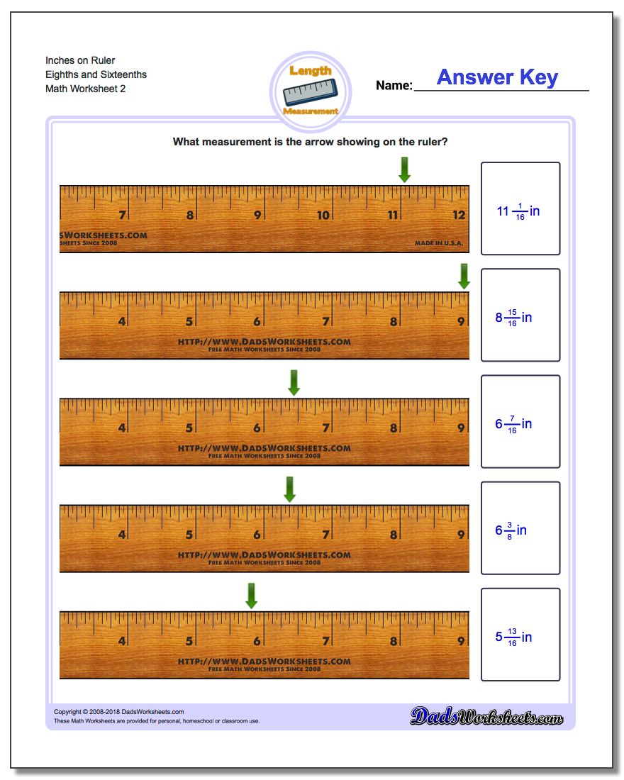 Inches on Ruler Eighths and Sixteenths www.dadsworksheets.com/worksheets/inches-measurement.html Worksheet