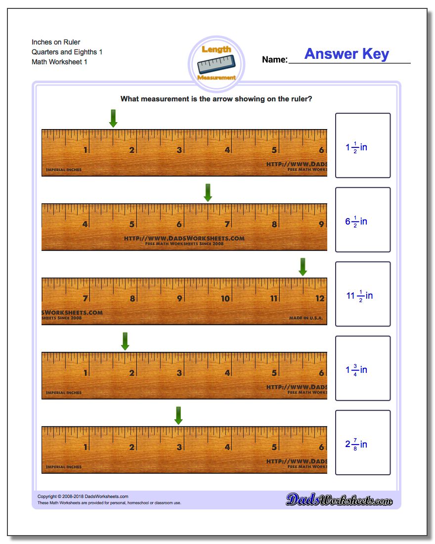 Inches Measurement Worksheet on Ruler Quarters and Eighths 1