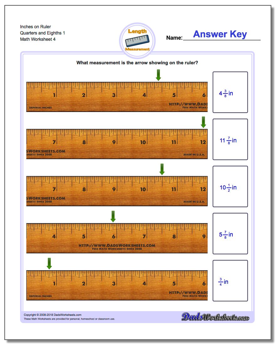 Inches on Ruler Quarters and Eighths 1 Worksheet