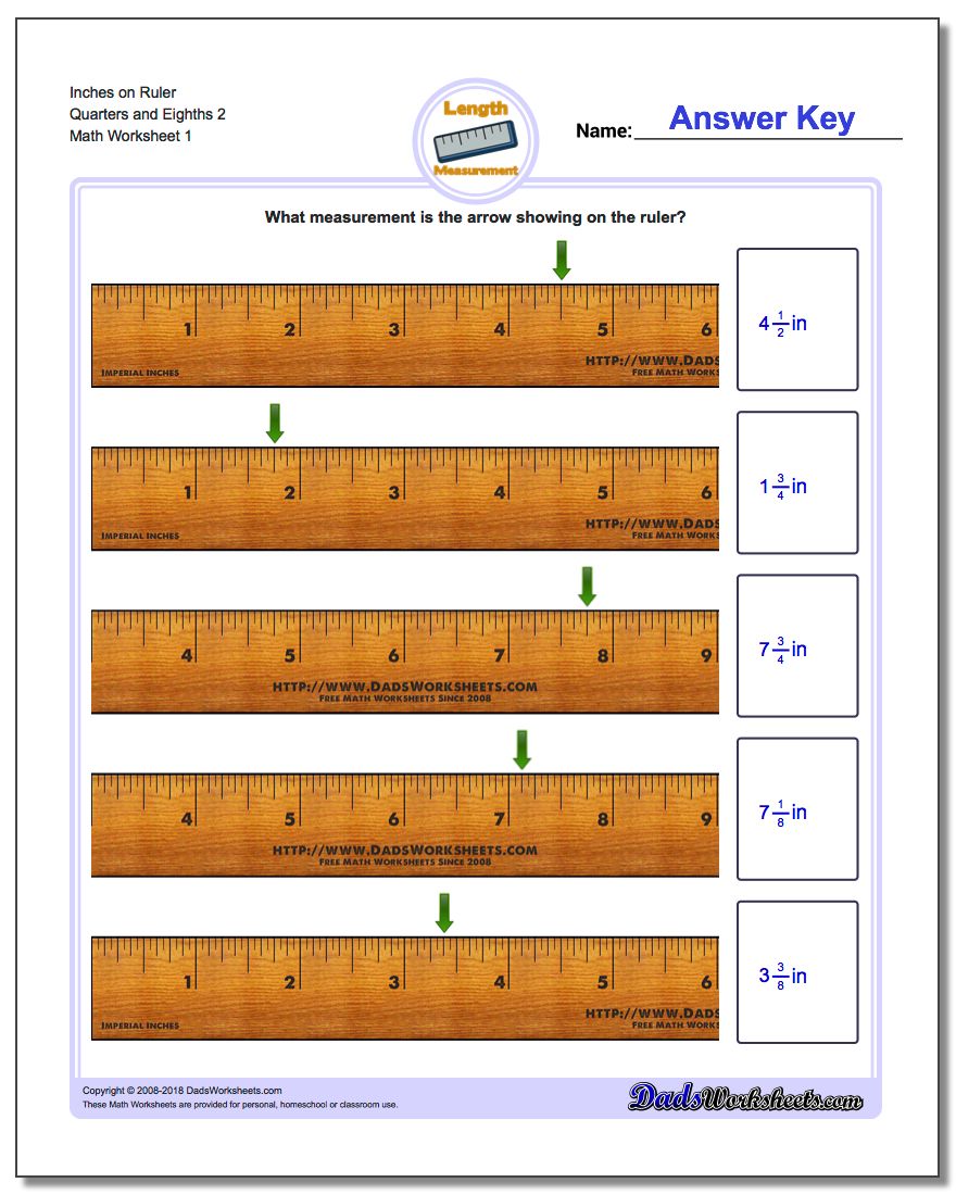 Inches Measurement Worksheet on Ruler Quarters and Eighths 2