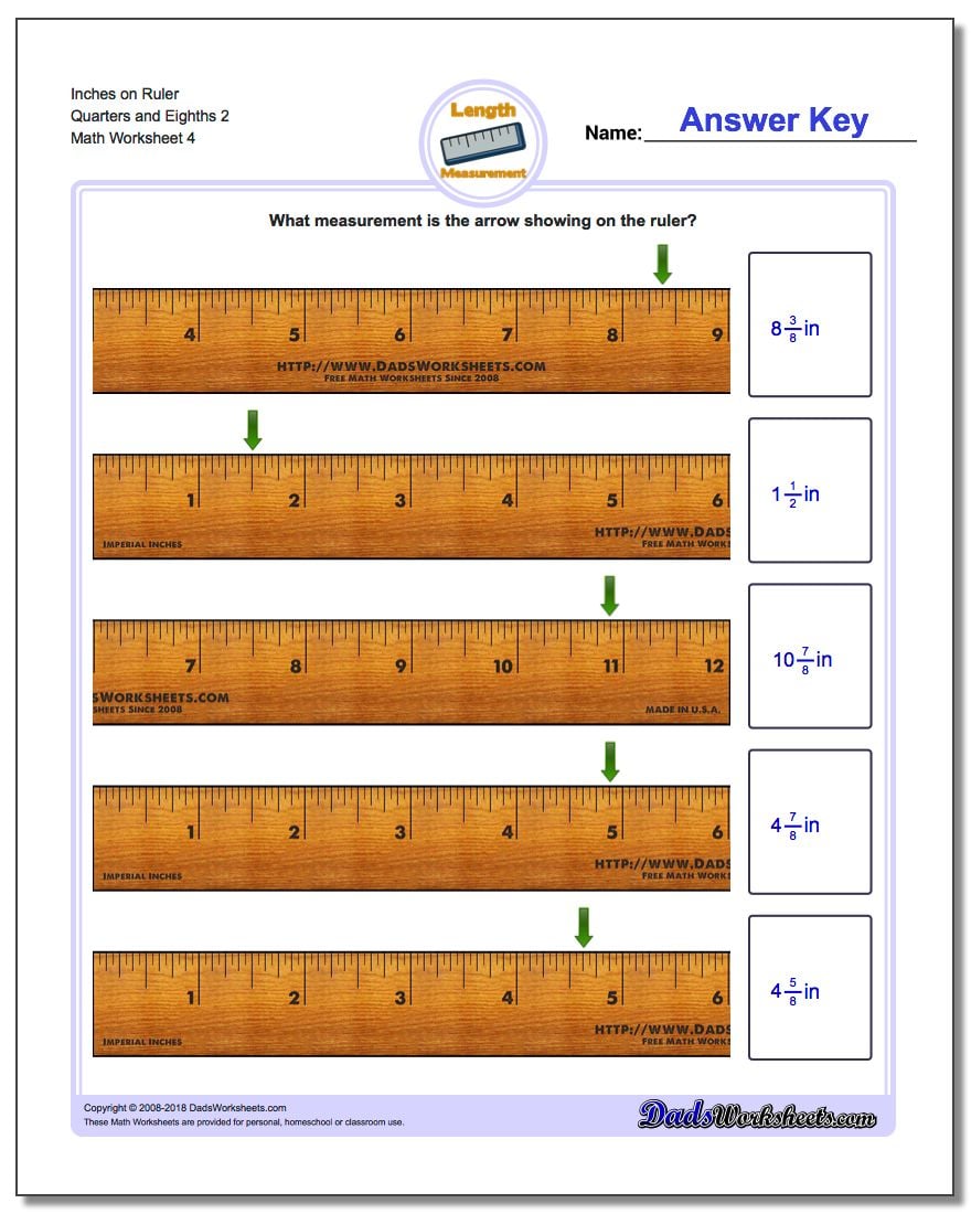Inches on Ruler Quarters and Eighths 2 Worksheet