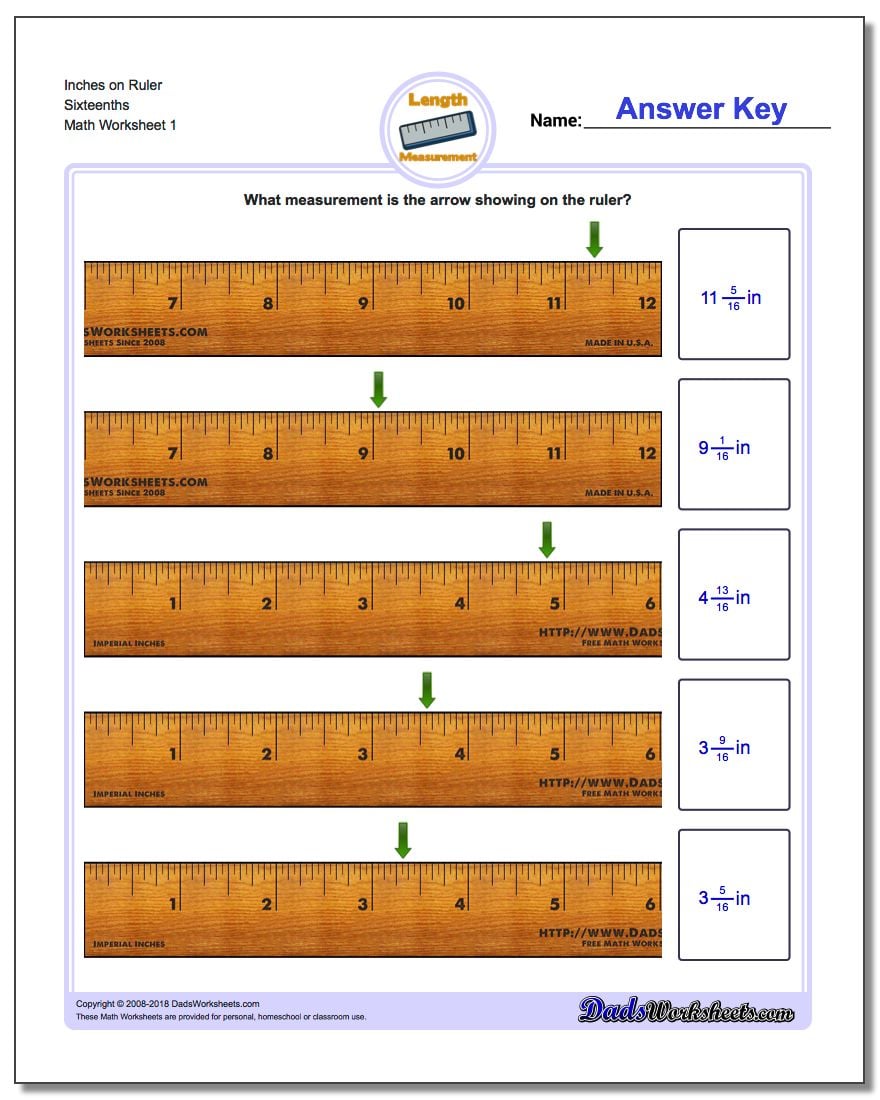 Inches Measurement Worksheet on Ruler Sixteenths