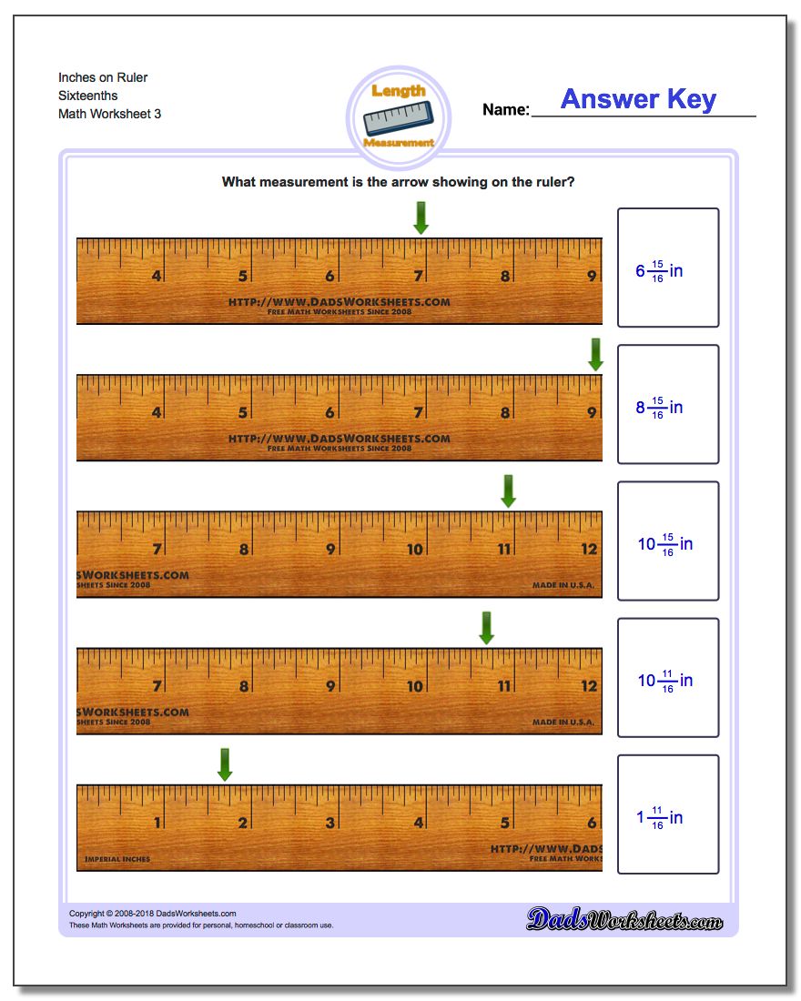 Inches on Ruler Sixteenths Worksheet