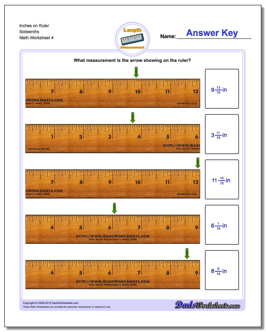 Inches on Ruler Sixteenths Worksheet