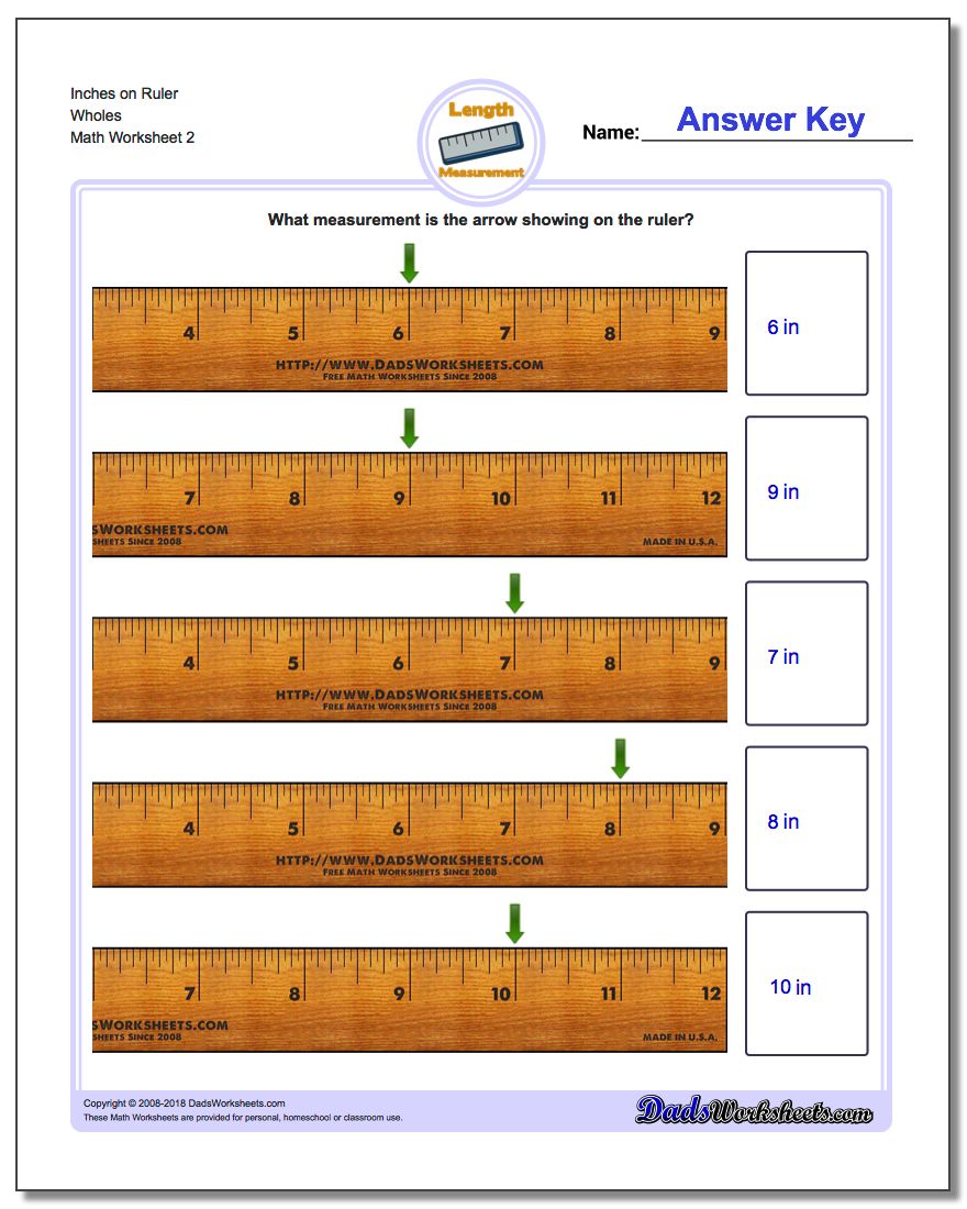 Inches on Ruler Wholes www.dadsworksheets.com/worksheets/inches-measurement.html Worksheet