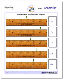 Inches on Ruler Wholes and Halves 2 Worksheet