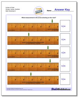 Inches on Ruler Wholes, Halves, Quarters Worksheet