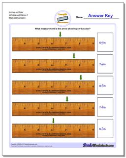 Inches on Ruler Wholes and Halves 1  Worksheet