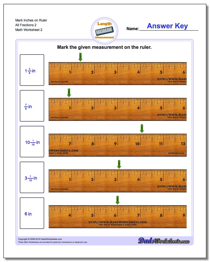 Mark Inches on Ruler All Fraction Worksheets 2 www.dadsworksheets.com/worksheets/inches-measurement.html