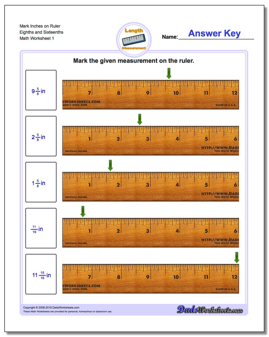 Inches Measurement Worksheet Mark on Ruler Eighths and Sixteenths