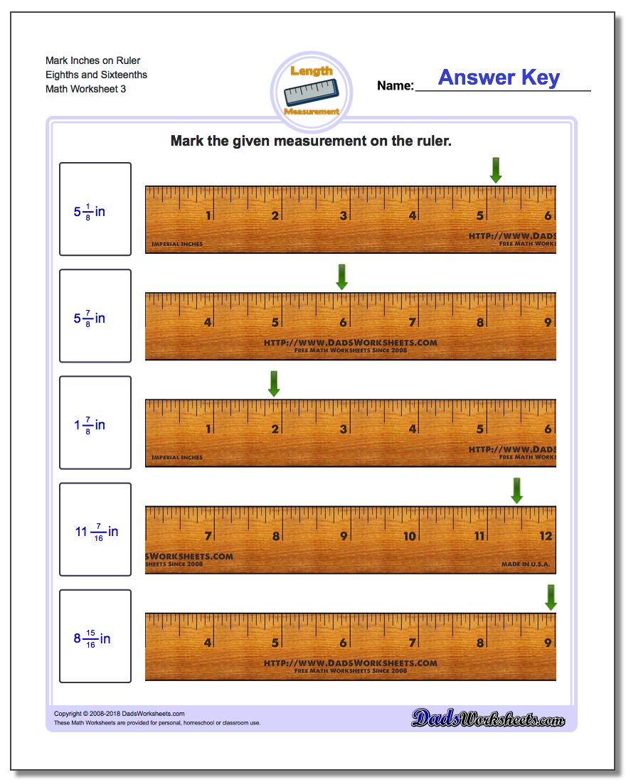 Mark Inches on Ruler Eighths and Sixteenths Worksheet
