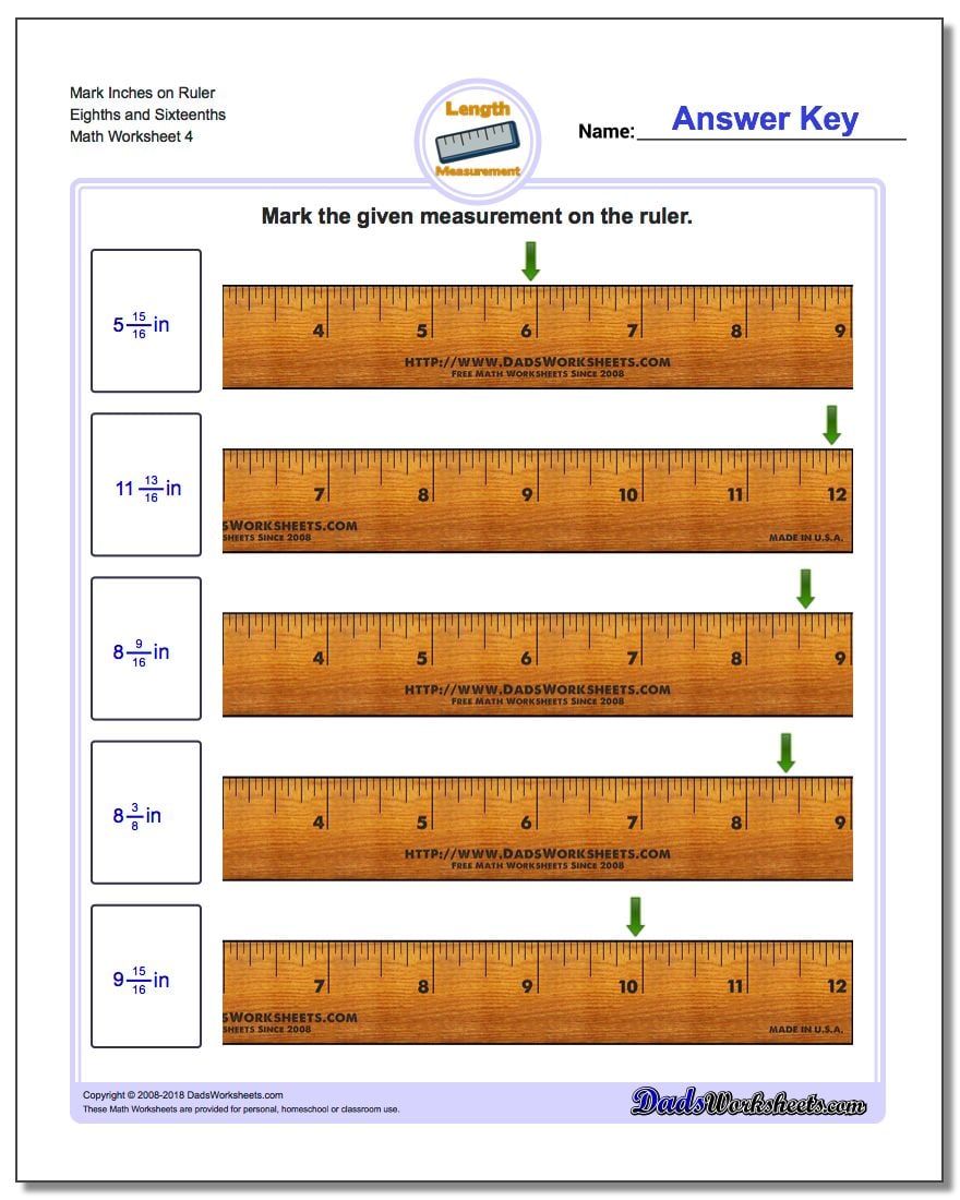 Mark Inches on Ruler Eighths and Sixteenths Worksheet