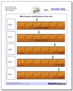 Mark Inches on Ruler Halves and Quarters 2 Worksheet