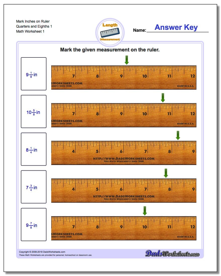 Inches Measurement Worksheet Mark on Ruler Quarters and Eighths 1