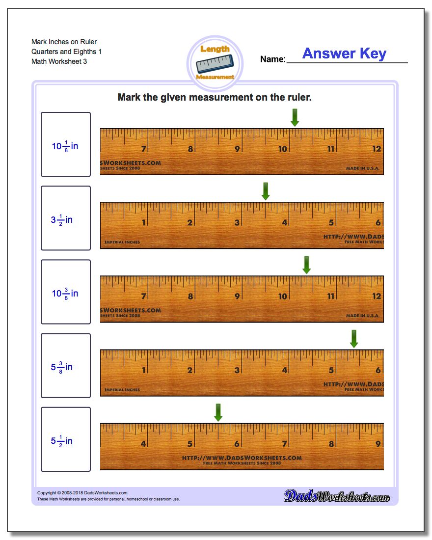 Mark Inches on Ruler Quarters and Eighths 1 Worksheet