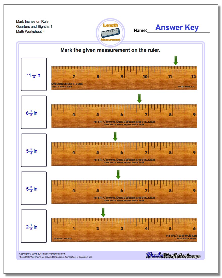 Mark Inches on Ruler Quarters and Eighths 1 Worksheet