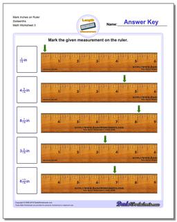 Mark Inches on Ruler Sixteenths Worksheet