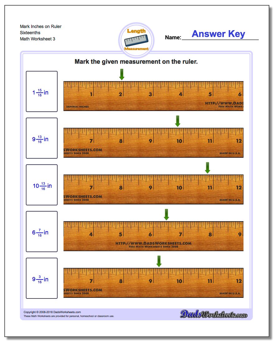 Mark Inches on Ruler Sixteenths Worksheet