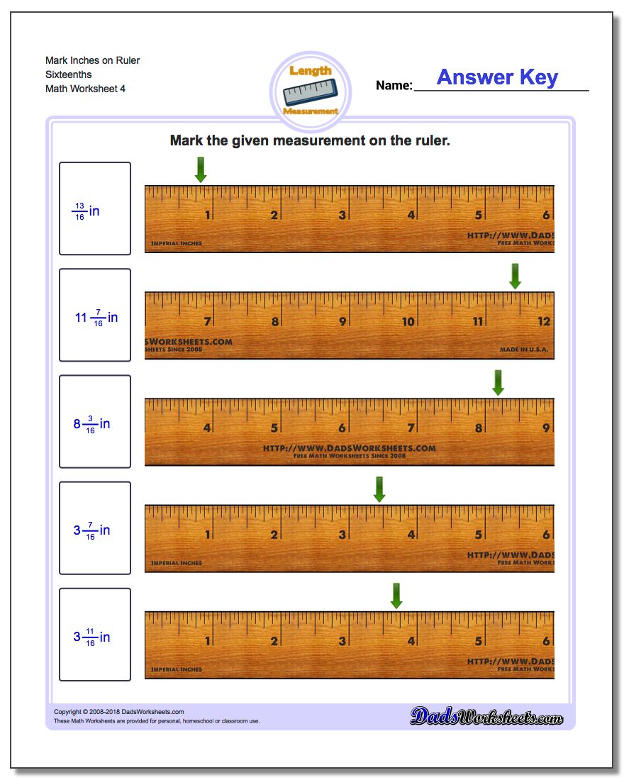 Mark Inches on Ruler Sixteenths Worksheet