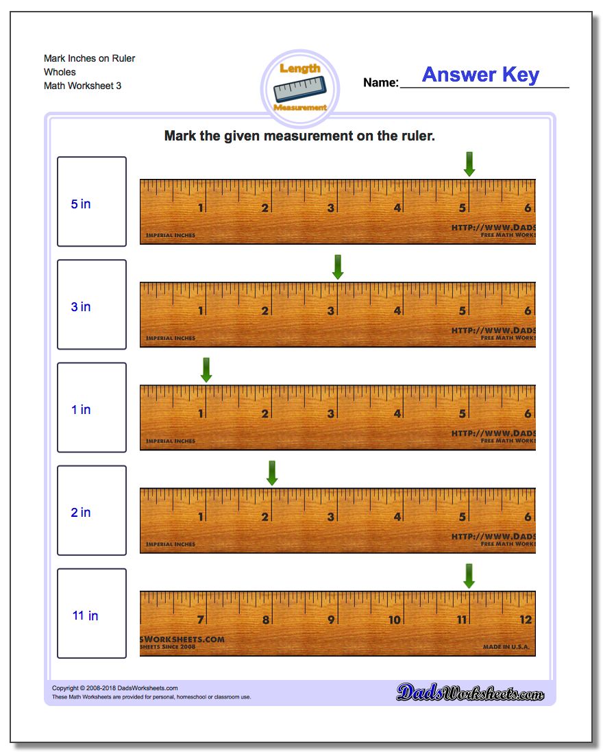 Mark Inches on Ruler Wholes Worksheet