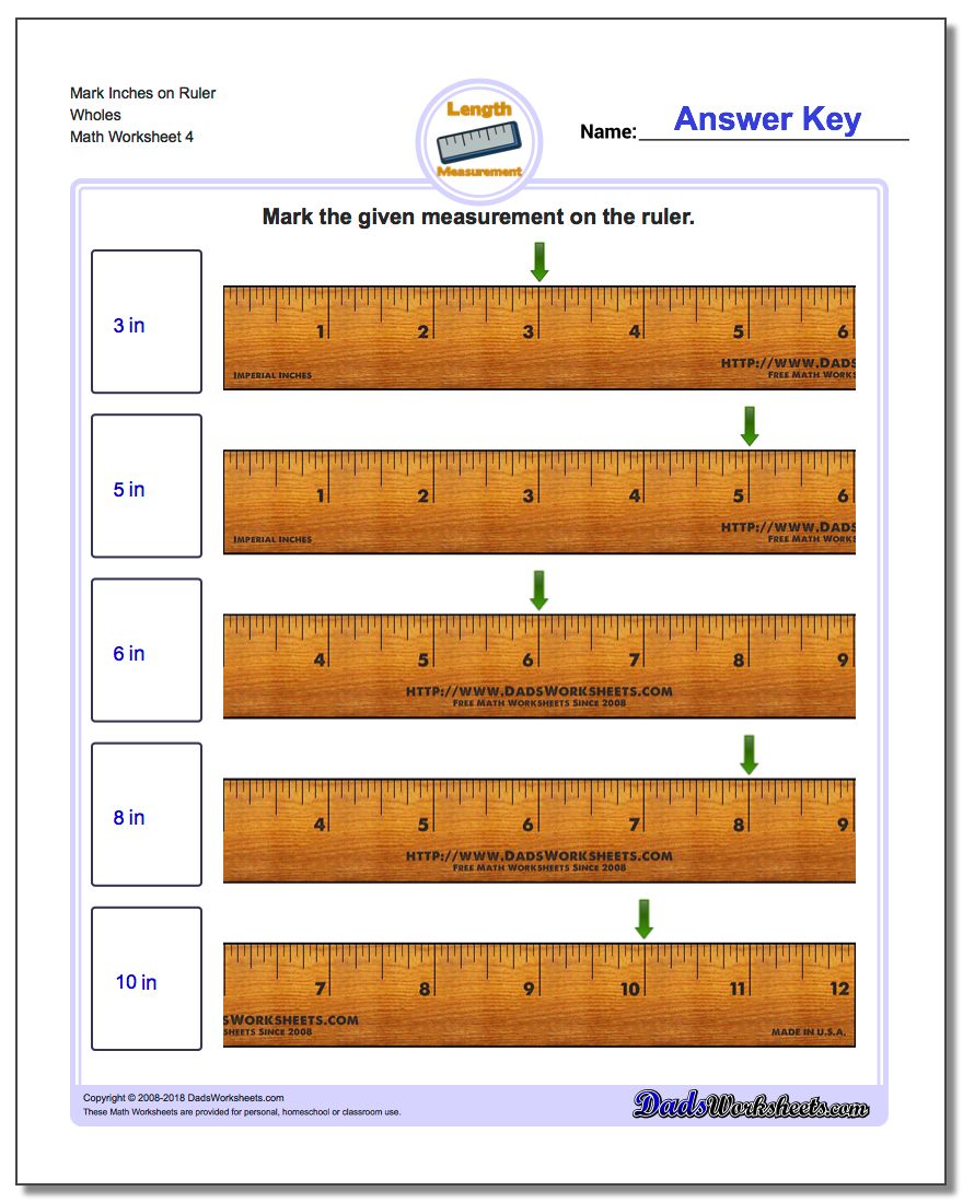 Mark Inches on Ruler Wholes Worksheet