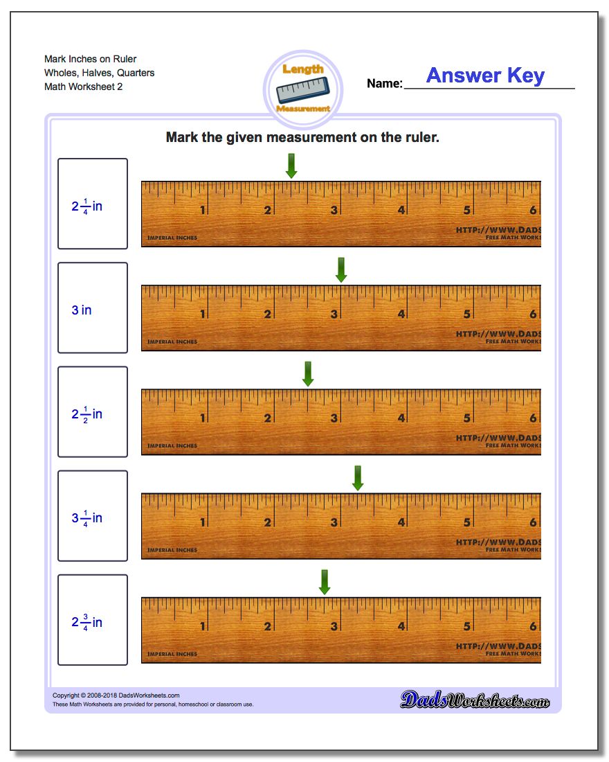 Mark Inches on Ruler Wholes, Halves, Quarters www.dadsworksheets.com/worksheets/inches-measurement.html Worksheet